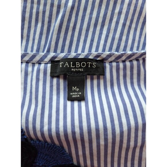 Talbots Tunic Blouse MP Blue Stripe Embroidered VNeck 3/4 Sleeves Lagenlook - Picture 3 of 7